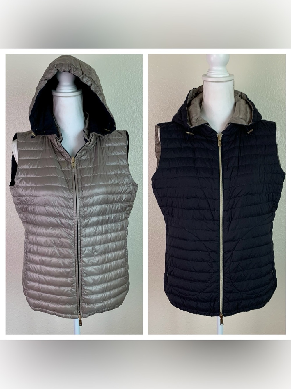 Herno Down feather Vest REVERSIBLE hood Zipper Puffer Quilted Tan Black Pockets